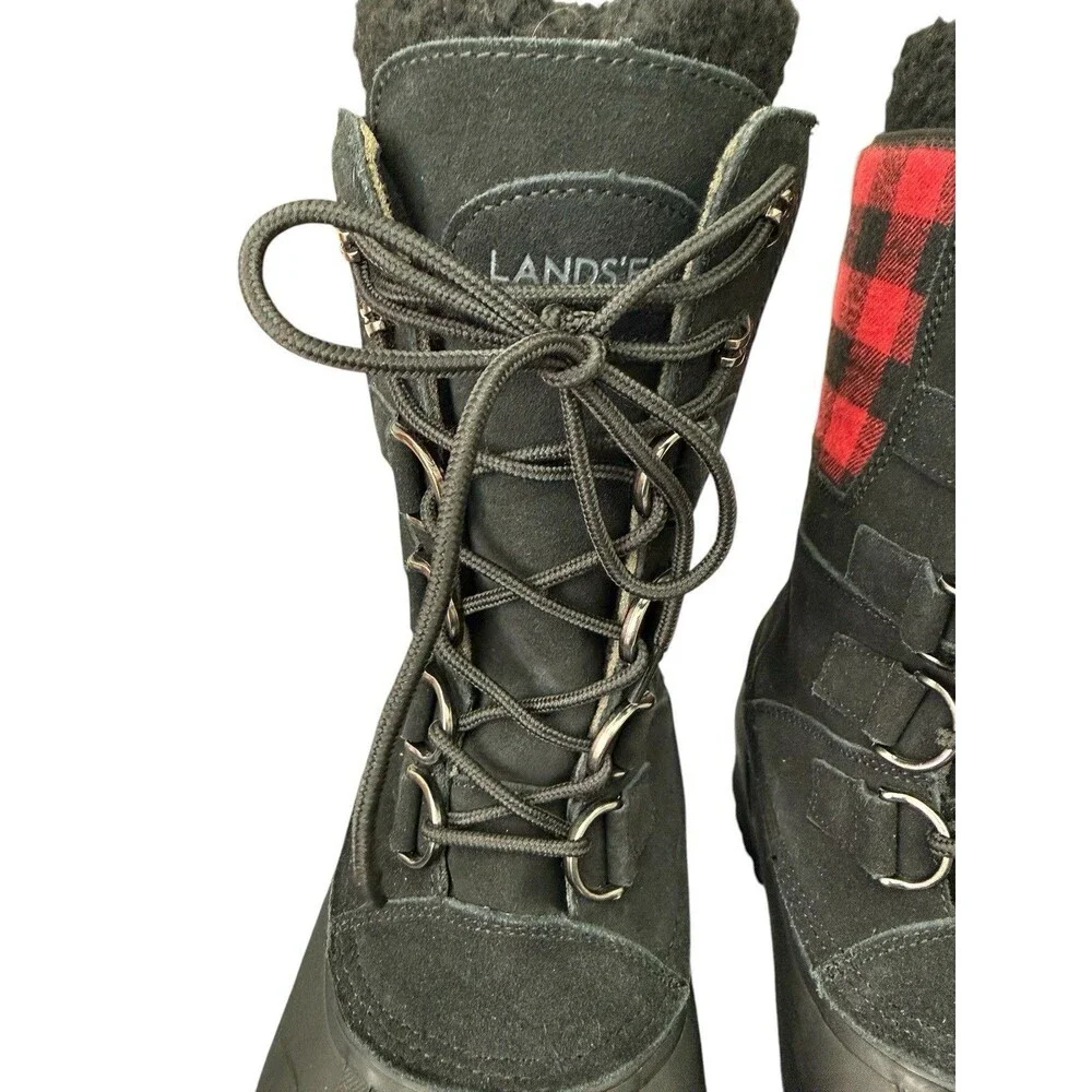 Lands’ End Duck Boots Mens 9 Black Plaid Insulated Snow Winter Lace Up